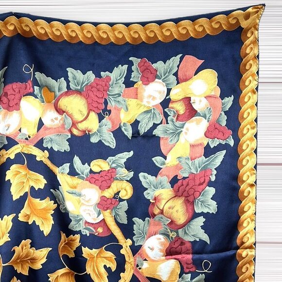 Silk Satin Navy Blue Square Scarf Fruits and Golden Leaves Print - Picture 2 of 10